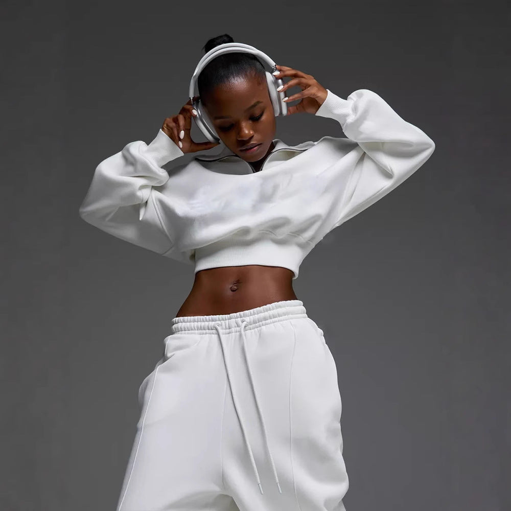 Damen nan kurzes Half-Zip Sweatshirt-Set mit hochtaillierter weiter Lounge-Jogginghose EB