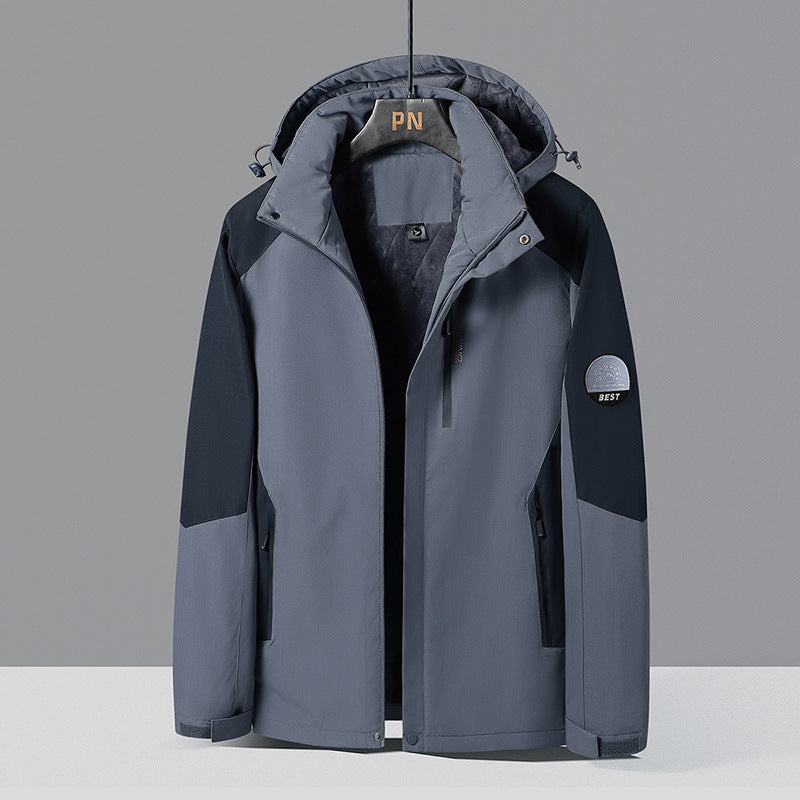 Herren zweifarbige Softshell-Outdoorjacke mit winddichter Membran, verstellbarer Kapuze und verdeckter Brusttasche EB