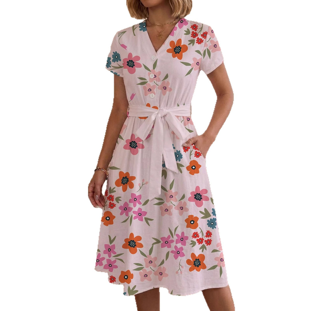 Damen lässiges Maxikleid mit taillierbarem Knoten und dekorativem Karomuster EB