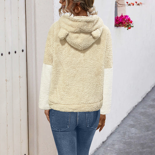 Damen lockerer Pullover mit weichem Teddy-Fleece und großem Kragen EB