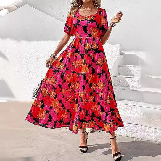 Damen Midi-Kleid mit floralem Druck und voluminösen Ärmeln EB