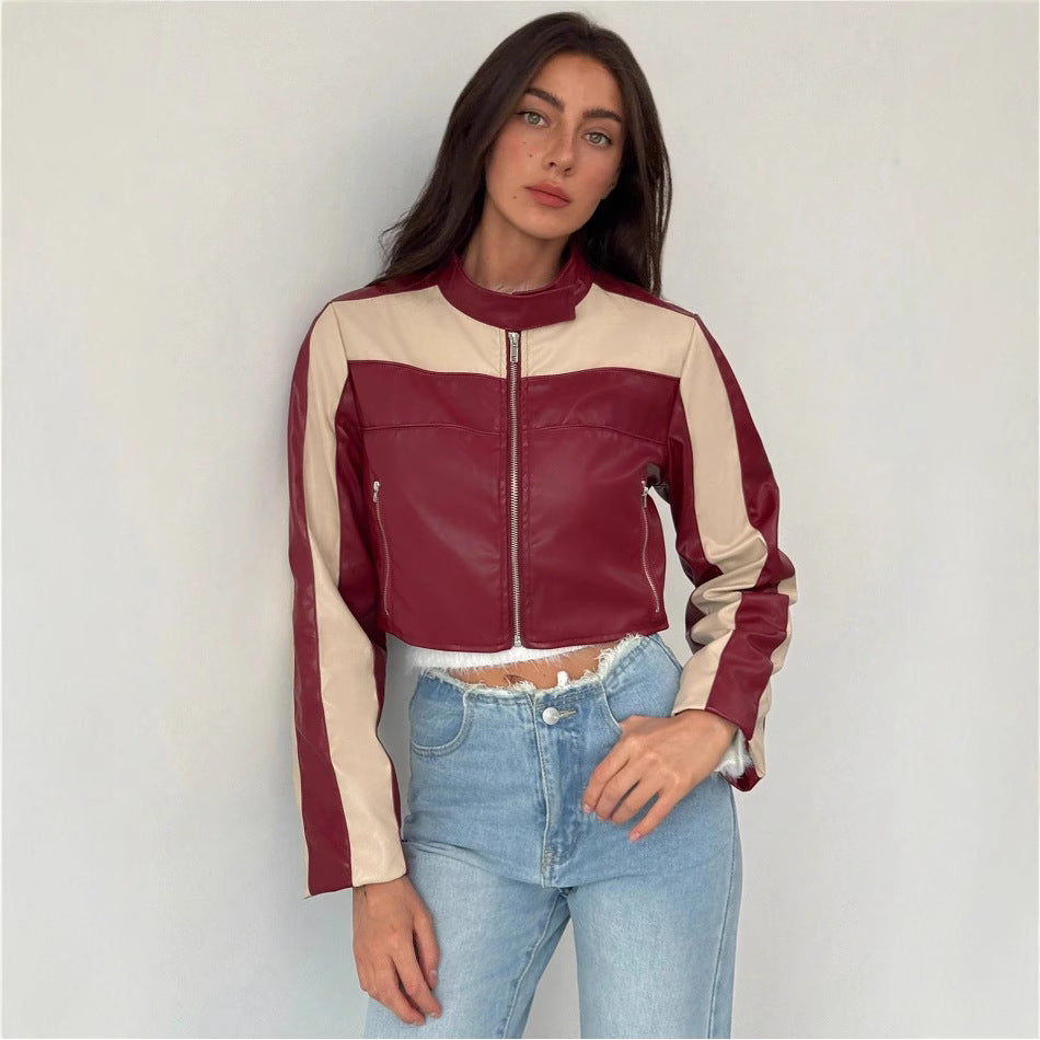 Damen cropped Kunstlederjacke mit kontrastierenden Einsätzen EB