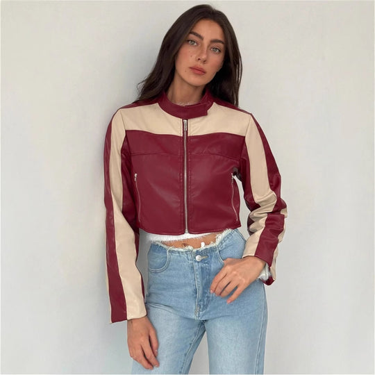 Damen cropped Kunstlederjacke mit kontrastierenden Einsätzen EB
