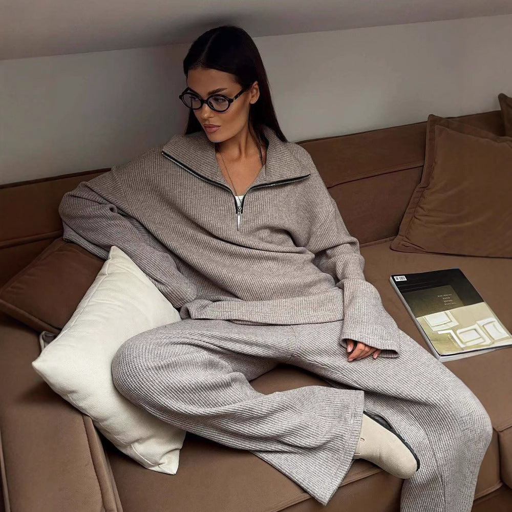 Damen Oversize Strick-Lounge-Set mit halbem Reißverschluss und weitem Bein EB