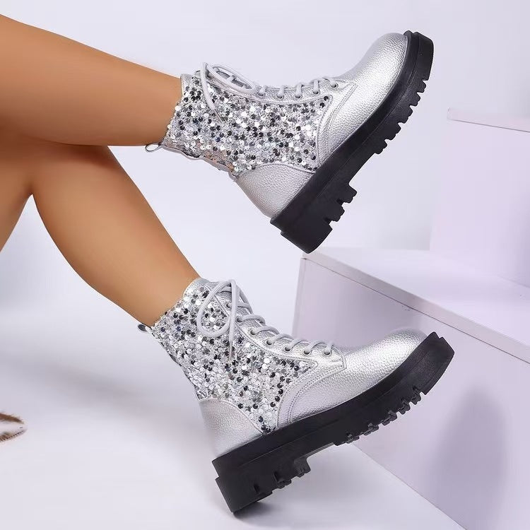 Damen  glitzernde Schnür-Bikerboots mit robust profilierter Sohle und metallisch genarbter Oberfläche EB
