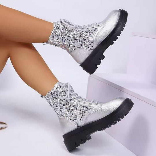 Damen  glitzernde Schnür-Bikerboots mit robust profilierter Sohle und metallisch genarbter Oberfläche EB