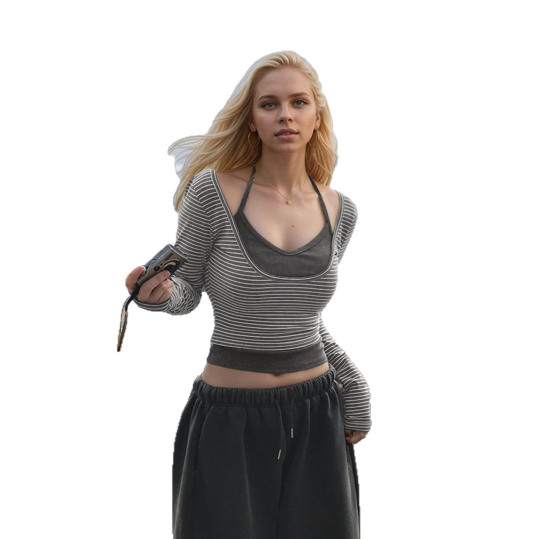 Damen nan gerafftes Layering-Cropped-Top mit integriertem Bustier und feinem Streifenstrick EB
