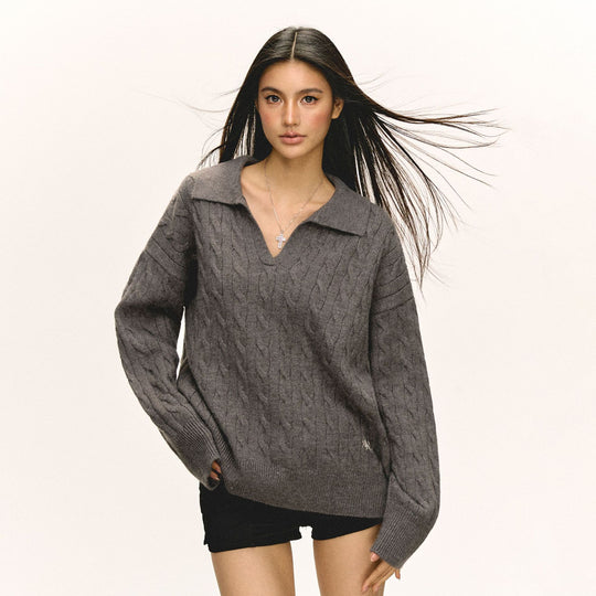 Damen Grob gestrickter Pullover mit V-Ausschnitt und Kragen EB