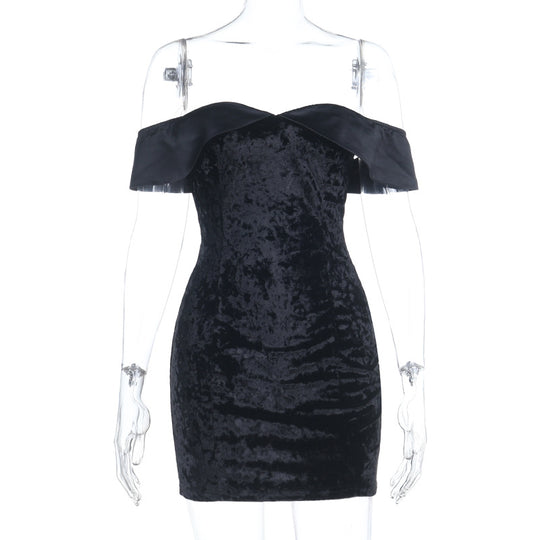 Damen figurbetontes Samt-Minikleid mit schulterfreiem Design EB