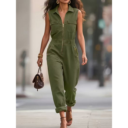 Damen Jumpsuit mit modischem Kragen und Reißverschlüssen EB