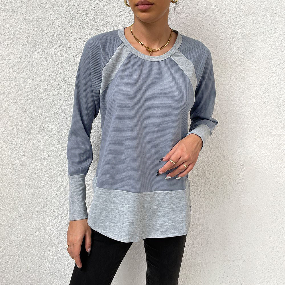 Damen lässiges Langarmshirt mit Waffle-Struktur und Kontrastärmeln EB