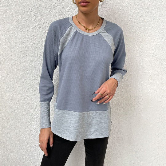 Damen lässiges Langarmshirt mit Waffle-Struktur und Kontrastärmeln EB