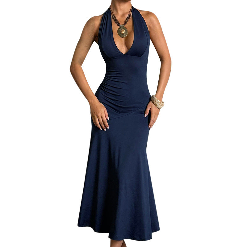Damen elegantes Maxikleid mit tiefem V-Ausschnitt und raffiniertem Schleifendetail EB