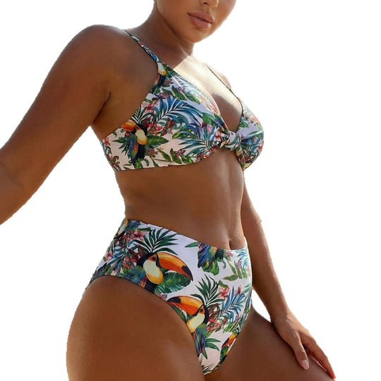 Damen Hochgeschnittener Bikini mit tropischem Print EB