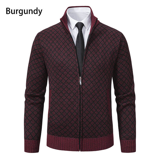 Herren nan gemusterte Strickjacke mit Stehkragen und durchgehendem Reißverschluss EB