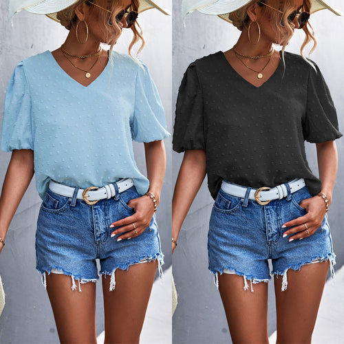 Damen Viskosebluse mit modernem V-Ausschnitt und voluminösen Puffärmeln EB