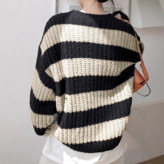 Damen modischer Strickpullover mit breiten Streifen und lockerer Passform EB