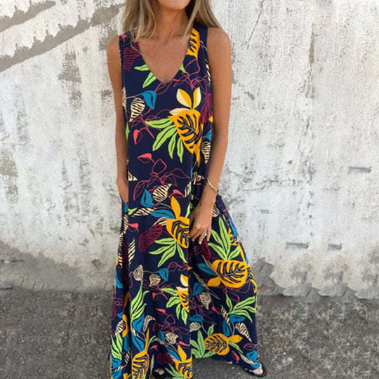 Damen luftiges Maxikleid mit floralem Muster und praktischen Taschen EB