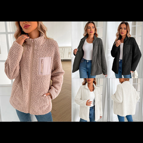 Damen kuschelige Fleecejacke mit hohen Kragen und praktischen Taschen EB