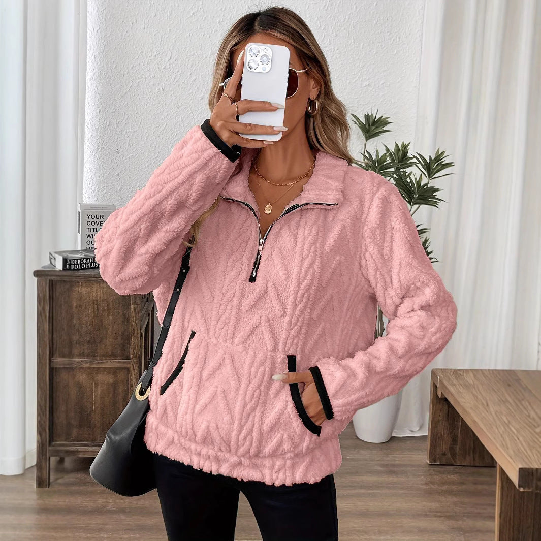 Damen Flauschiger Teddy-Pullover mit hohem Kragen und Eingrifftaschen EB