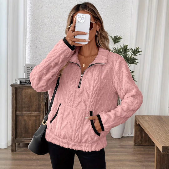 Damen Flauschiger Teddy-Pullover mit hohem Kragen und Eingrifftaschen EB
