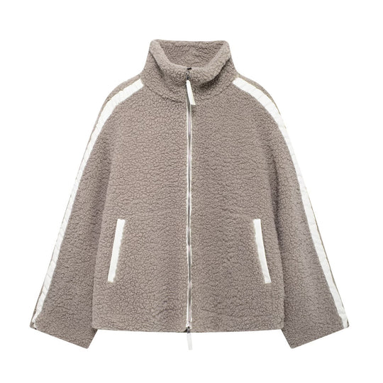 Damen Teddy-Fleecejacke mit hohem Kragen und seitlichen Reißverschlusstaschen EB