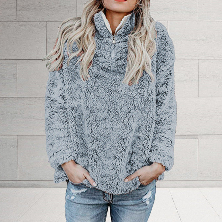 Damen Flauschige Fleece-Pulloverjacke mit hohem Kragen und Reißverschluss EB