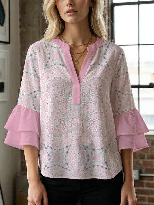 Damen Bluse mit voluminösen Rüschenärmeln und kreativem Floraldesign EB