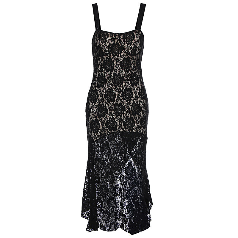Damen Spitzenmaxikleid mit tiefem Schlitz und Detailverzierungen EB