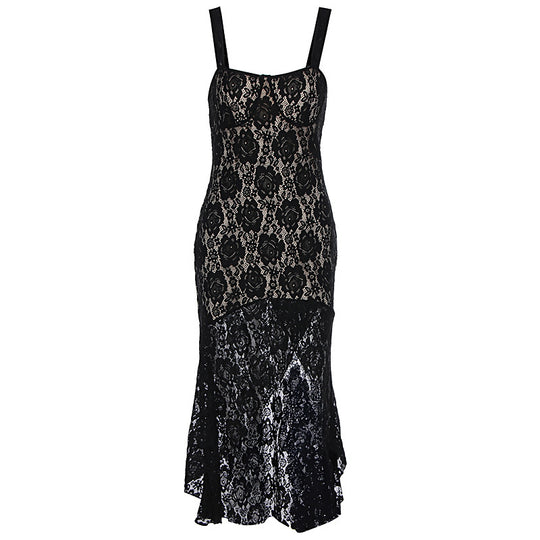 Damen Spitzenmaxikleid mit tiefem Schlitz und Detailverzierungen EB