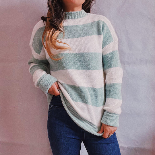 Damen Strickpullover mit modernen Blockstreifen und hohem Kragen EB