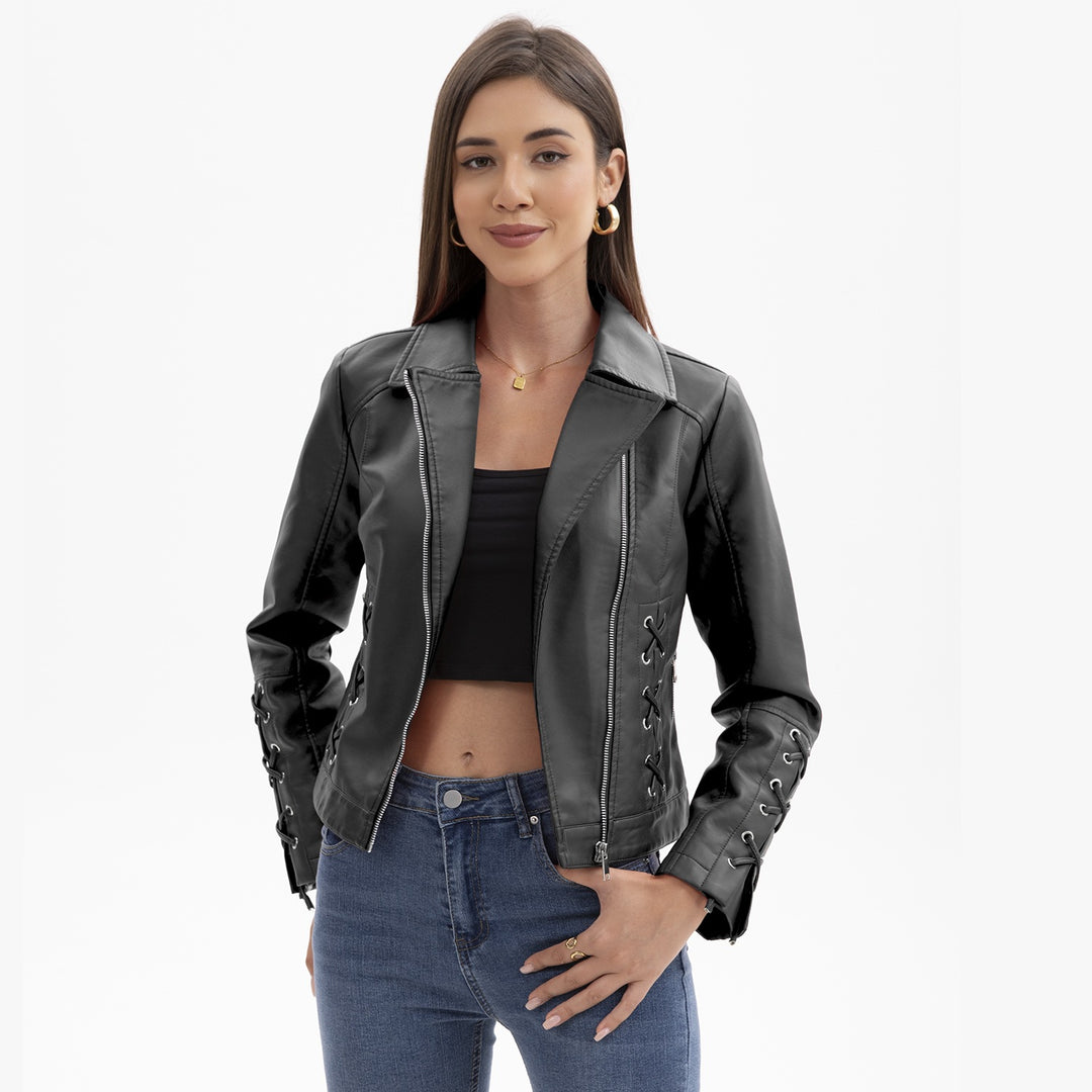 Damen modische Kunstlederjacke mit raffinierten Schnürdetails EB