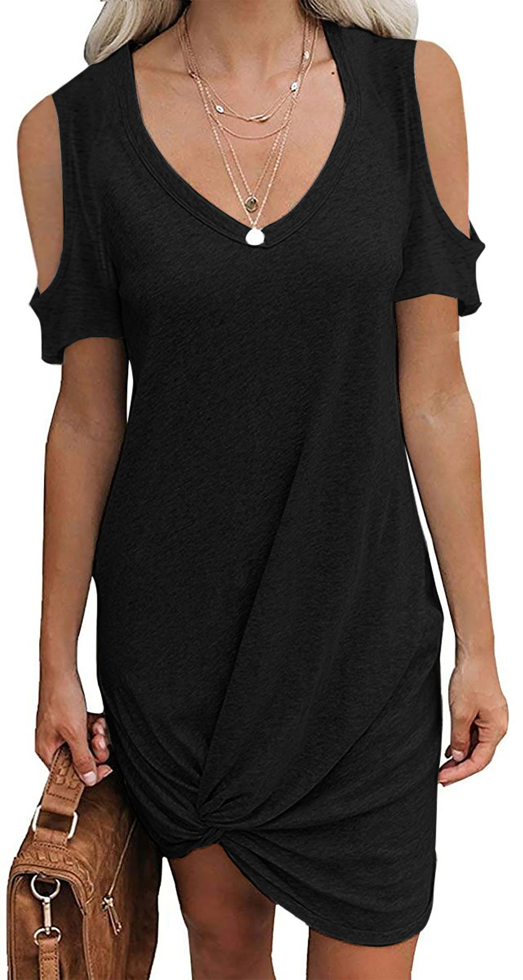 Damen V-Ausschnitt Minikleid mit offenem Schulterdesign und raffinierten Knotendetails EB