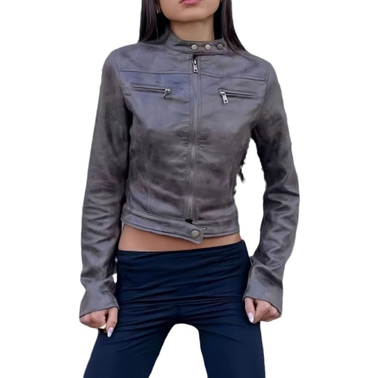 Damen trendige Bikerjacke aus hochwertigem Kunstleder EB