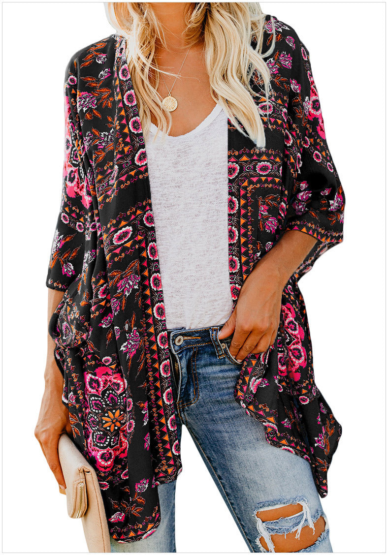 Damen luftiger Kimono mit floralem Muster und weitem Schnitt EB