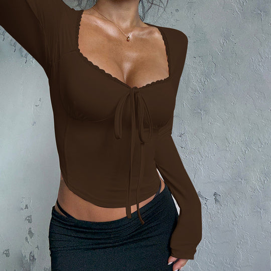 Damen langärmliges Crop-Top mit raffinierten Bindeband und elegantem Ausschnitt EB