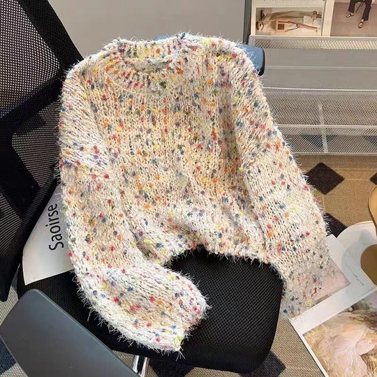 Damen modischer Pullover mit buntem Strukturstrick und Rundhalsausschnitt EB