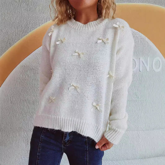 Damen Strickpullover mit verspielten Schleifenakzenten EB
