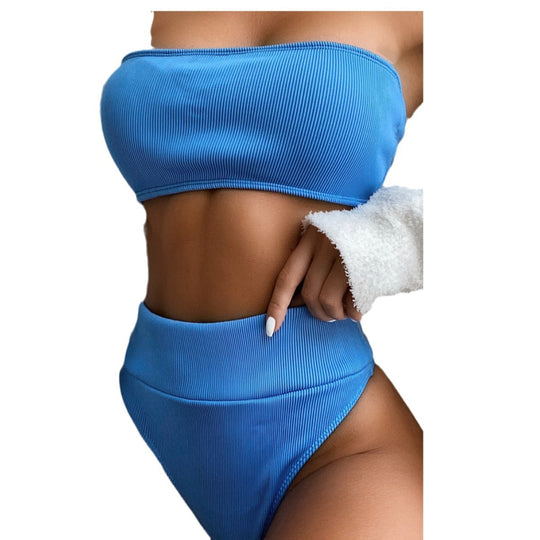 Damen Hochgeschnittener Bandeau-Bikini mit Rippstruktur EB