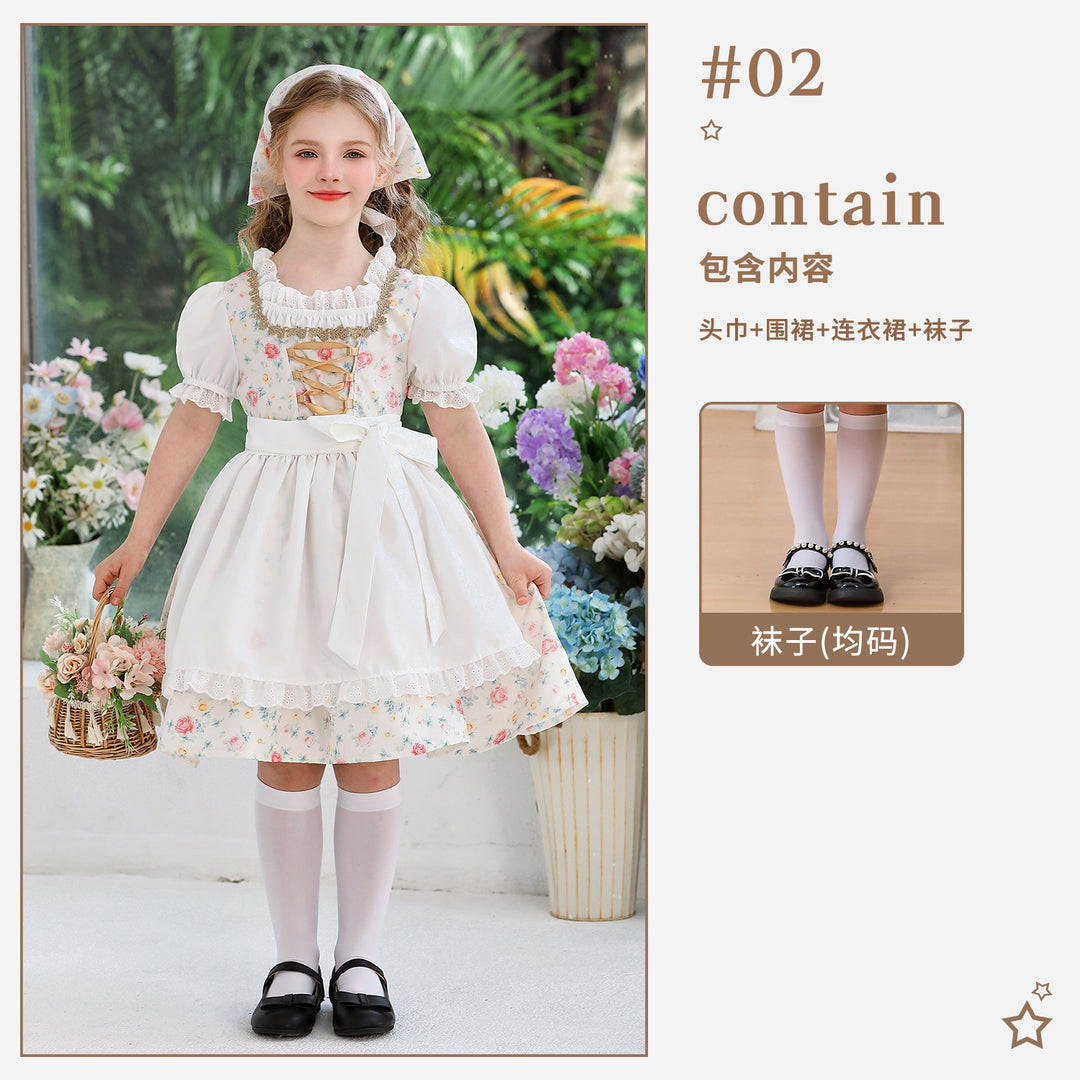 Damen nan traditionelles Dirndlkleid für Mädchen mit bestickter Schürze, Rüschenkragen und passendem Kopftuch EB
