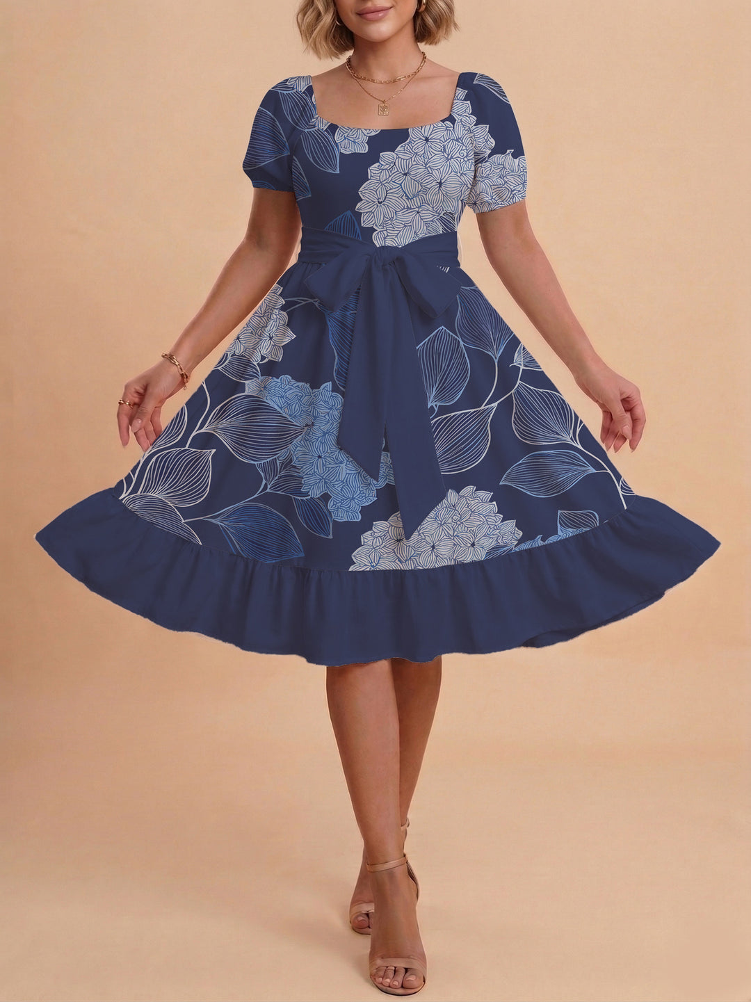 Damen Blumenkleid mit taillierbarem Gürtel und voluminösen Ärmeln EB