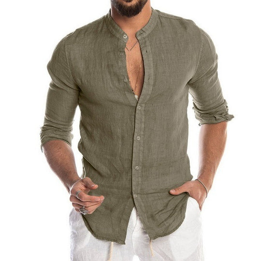 Herren nan Leinenhemd mit Stehkragen, durchgehender Knopfleiste und legerer Slim-Fit-Passform EB