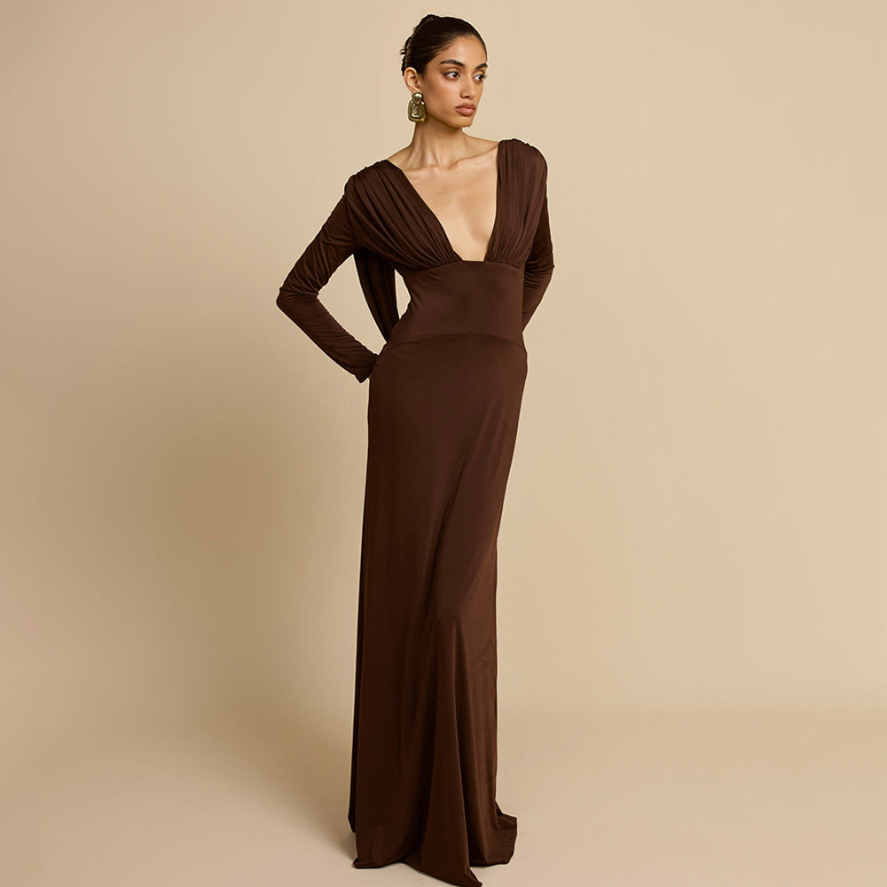 Damen Elegantes Maxikleid mit tiefem V-Ausschnitt und langen Ärmeln EB