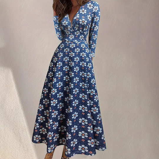 Damen Maxikleid mit tiefem V-Ausschnitt und floralen Motiven EB