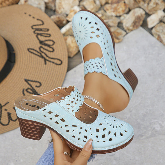 Damen Offene Clogs mit filigranem Muster und holz-ähnlichem Absatz EB