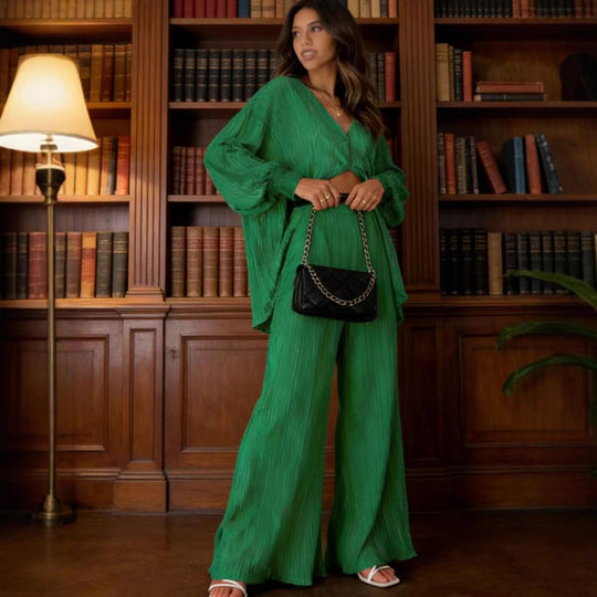 Damen lässiges Zweiteiliges Set mit plissierten Details und weitem Schnitt EB