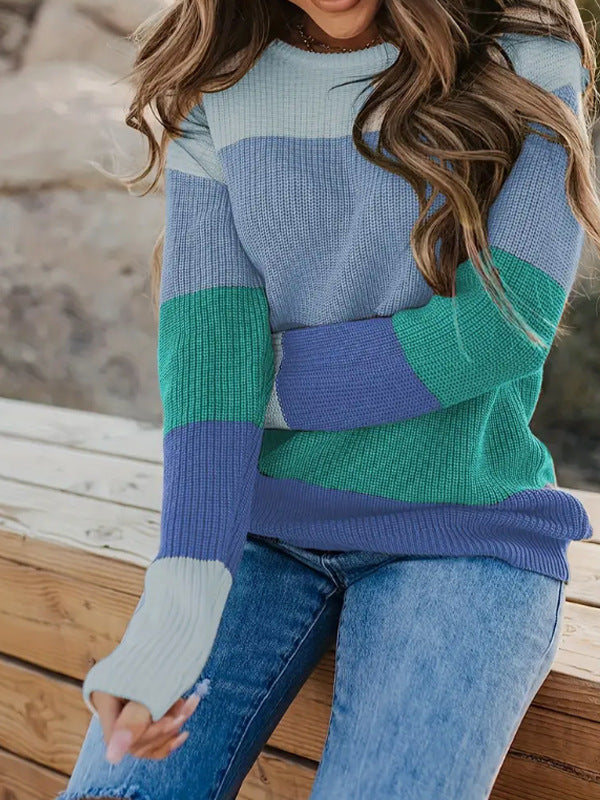 Damen modischer Strickpullover mit modernem Streifen-Design und langen Ärmeln EB