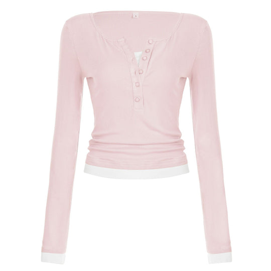 Damen nan tailliertes Henley-Crop-Longsleeve mit kontrastierenden Saum- und Ärmelbündchen EB