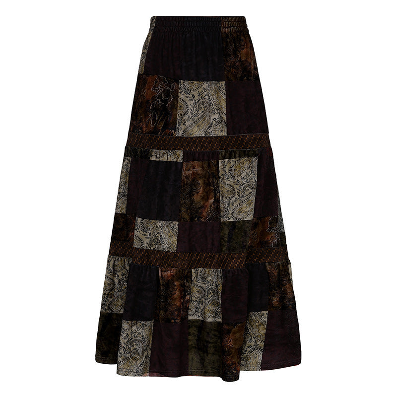 Damen Maxirock mit floralen Patchwork-Mustern und voluminösem Saum EB