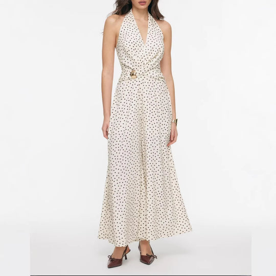 Damen eleganter Jumpsuit mit tiefem Ausschnitt und schwingendem Bein EB